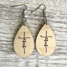 Load image into Gallery viewer, wooden drop earrings with the name of jesus laser engraved in the shape of a cross
